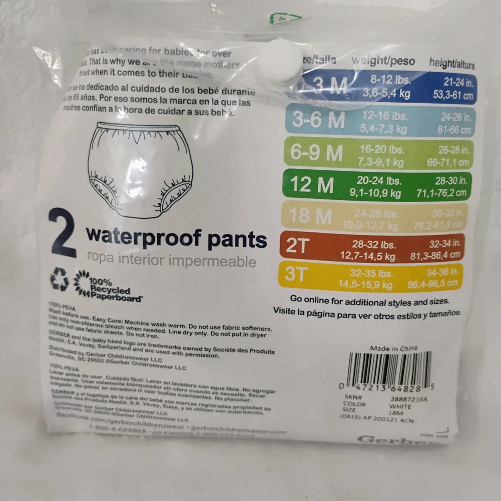 Gerber Waterproof Pants 18m (24-28lbs) White Peva Diaper Covers 2 Pack NEW A‎